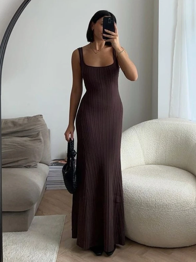 

Summer Knit Bodycon Maxi Dress for Women Elegant Sexy Deep U Neck Sleeveless Holiday Beach Party Dress 2024 Club Outfits