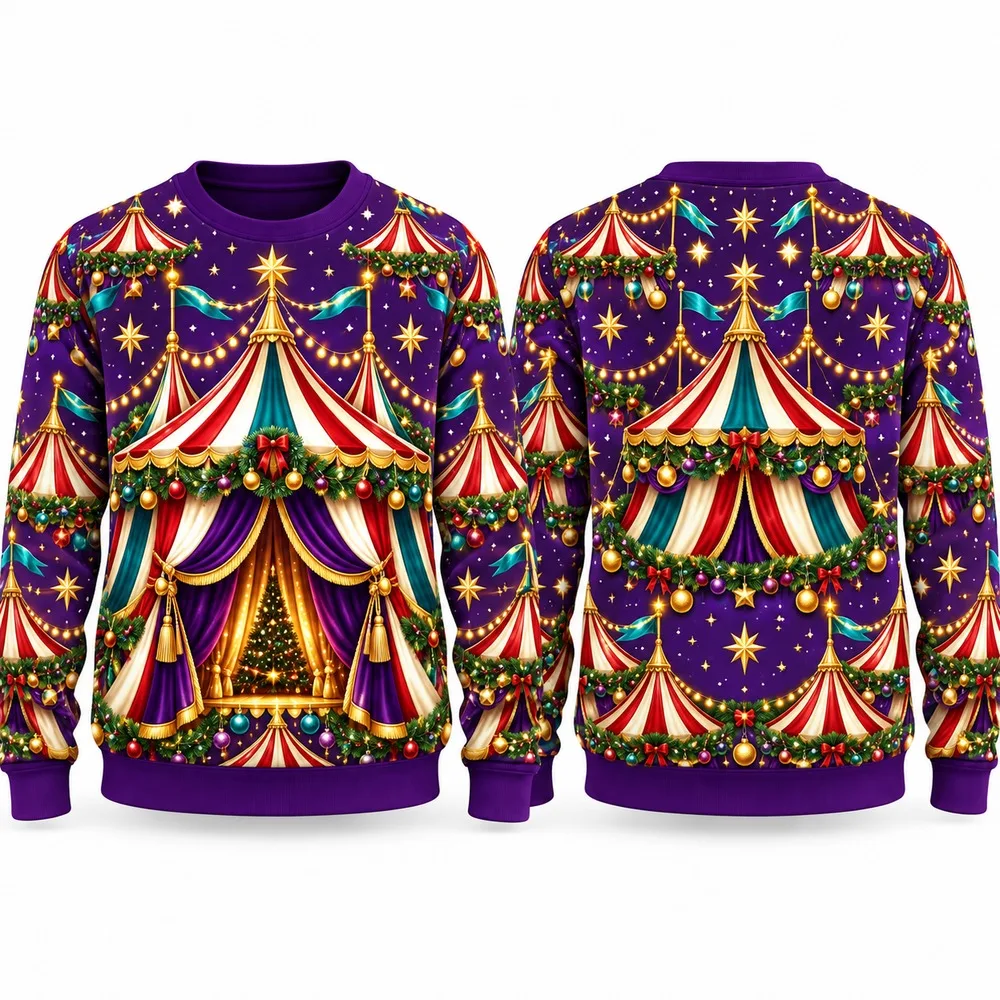 Hot Christmas Circus Tent Ugly Christmas Sweater for Men Women Festive Holiday Party Crewneck Pullover Long Printed Sweaters