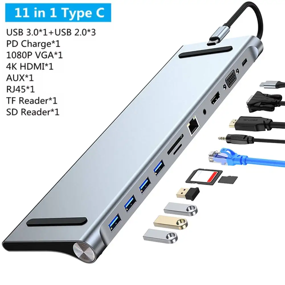 11 in 1 USB C Docking Station 4K RJ45 VGA HDMI SD/TF Audio Type C Hub Triple Display Multiport Adapter for MacBook/Surface/Dell