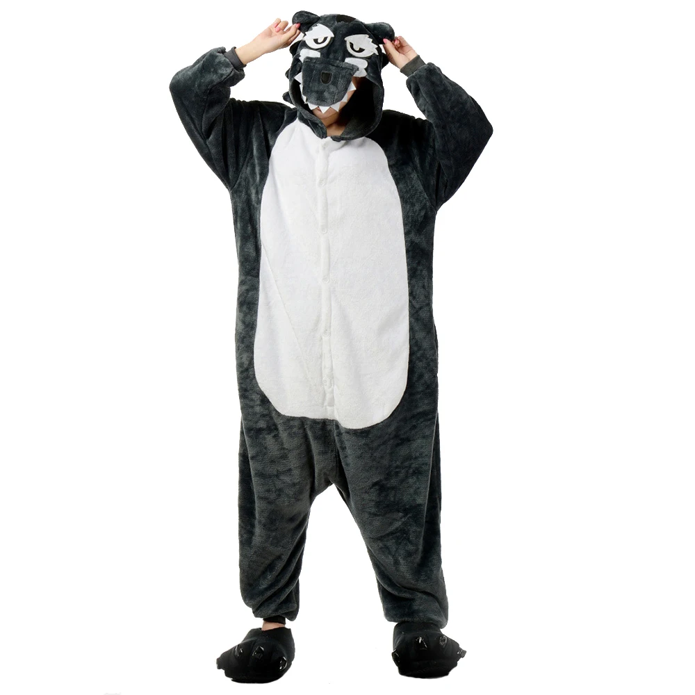 

Friendly Grey Wolf Animal Cartoon Onesies One-Piece Pajamas Jumpsuit Sleepwear Nightgown Soft Flannel Pajama