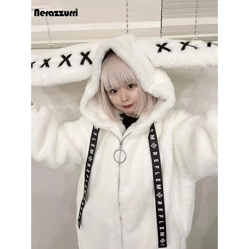 Manteau d'hiver en fausse fourrure blanche pour femme, doux et épais, mignon, Kawaii, avec oreilles de lapin, veste moelleuse à capuche, 2024