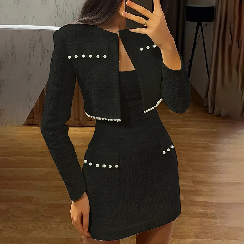 Women's Two Pieces Set 2024 Autumn New Beading Decor Bandeau Slim Fit Mini Dress & Temperament Long Sleeved Open Front Crop Coat