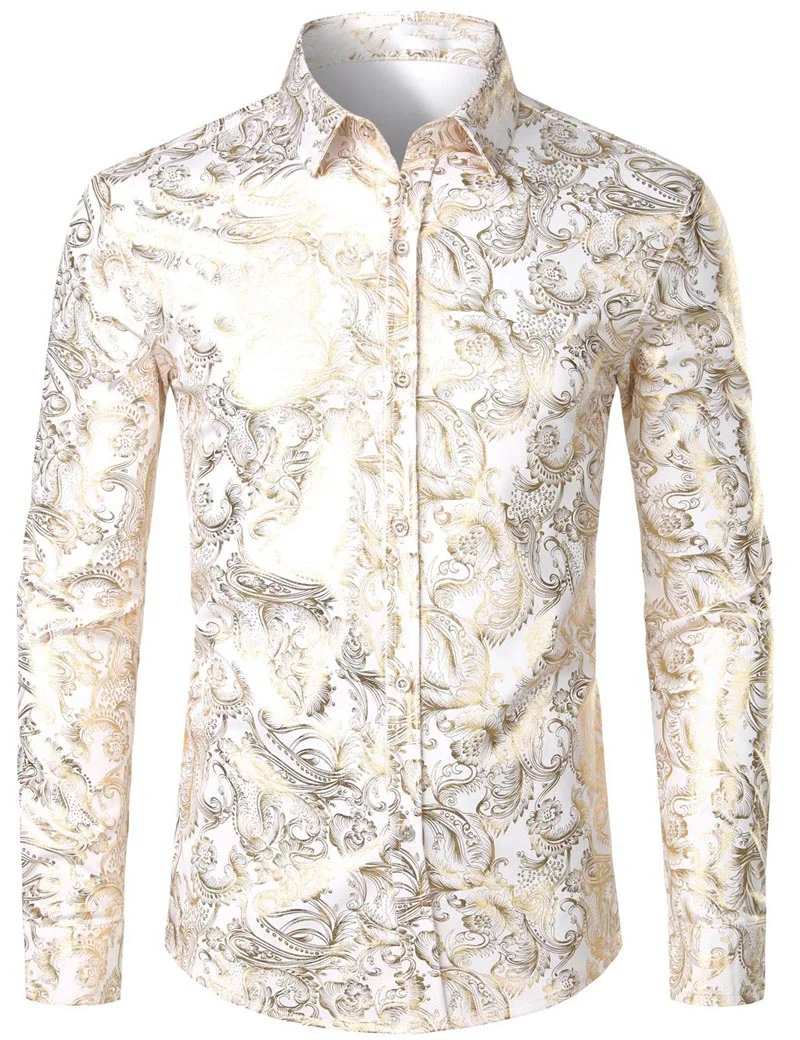 Trendy Men Button‑Up Shirt Luxury Golden Rose Floral Vine Art Print Polyester Nightclub Banquet Dating