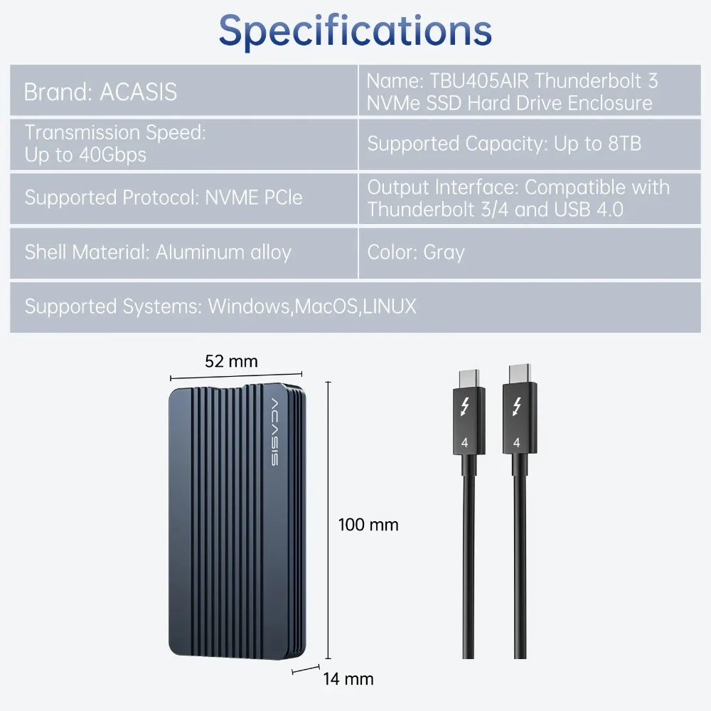 Imagem -06 - Acasis-estojo Externo Compatível com Thunderbolt tipo c Nvme M.2 Ssd Alumínio 40gbps Usb 4.0