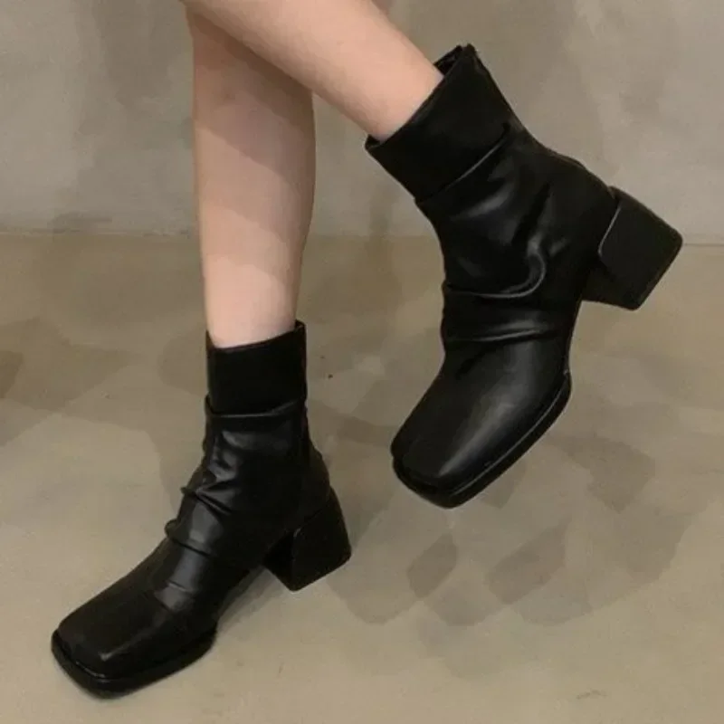 Square Toe Chelsea Ankle Boots Women High Heels Designer Thick Sole Gladiator Shoes 2024 Fall Punk High Heel Women Ankle Boots