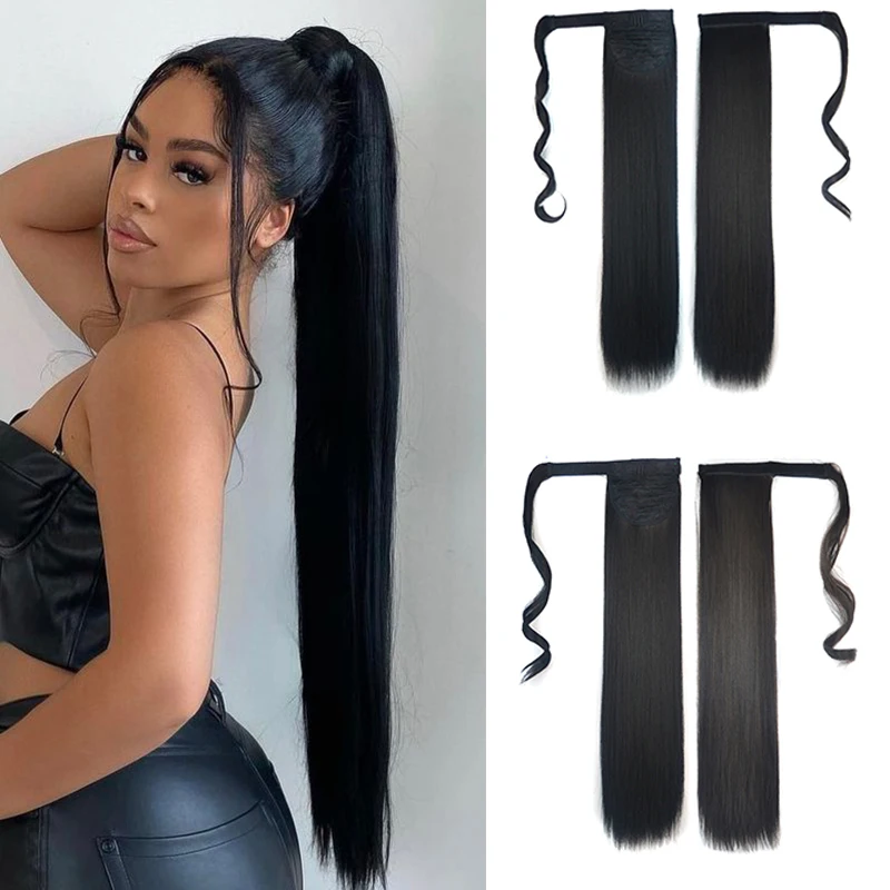 

Straight Ponytail Extensions 24 inch Long Wrap Around Hair Ponytails synthetic Natural Straight Horse Tail Hairpieces for Women