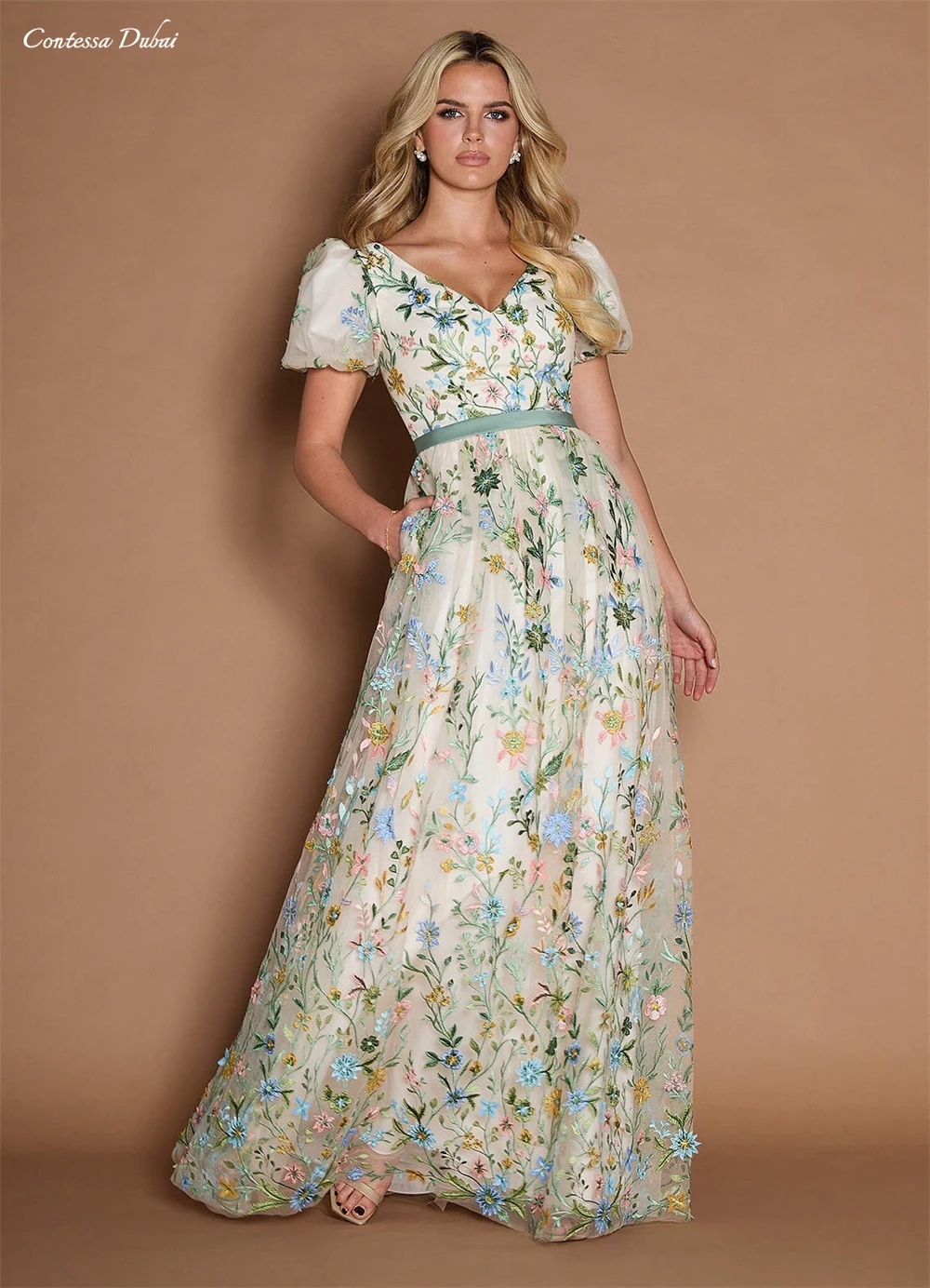 Contessa Custom evening dress wedding guest dress romantic floral embroidered tulle A line V neck puff sleeve floor length gown