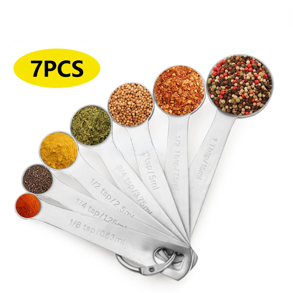 430 Stainless Steel 7pcs Measuring Spoon Baking Seasoning Spoon Set with Scale Measuring Picnic Cooking Seasoning Teaspoon New