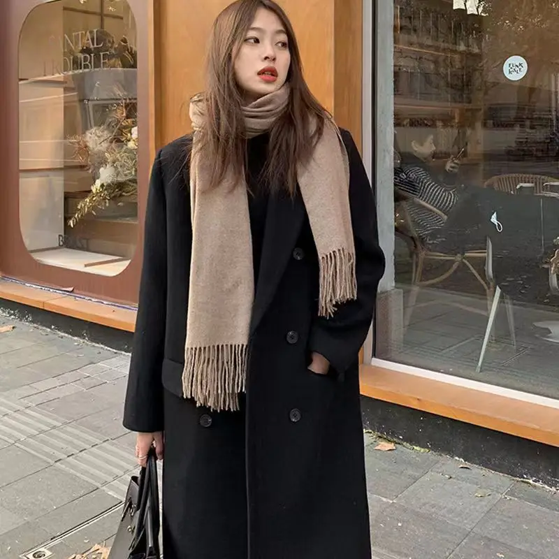 Black Suit Jacket Women\'s 2023Autumn And Winter New Cotton Thickened Loose Medium And Long Woolen Coat Women