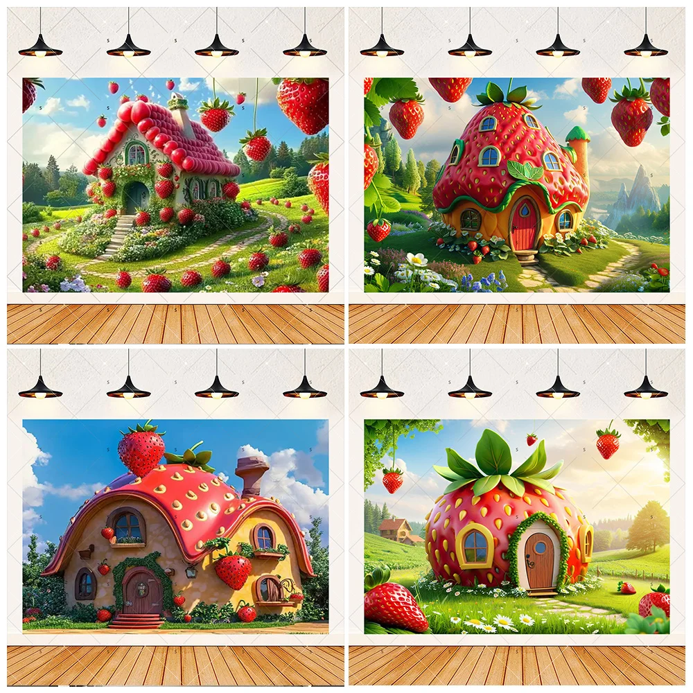 

Fairy Tale Strawberry House Backdrop Supplies Girl Birthday Party Decoration Newborn Baby Shower Background Photography Props