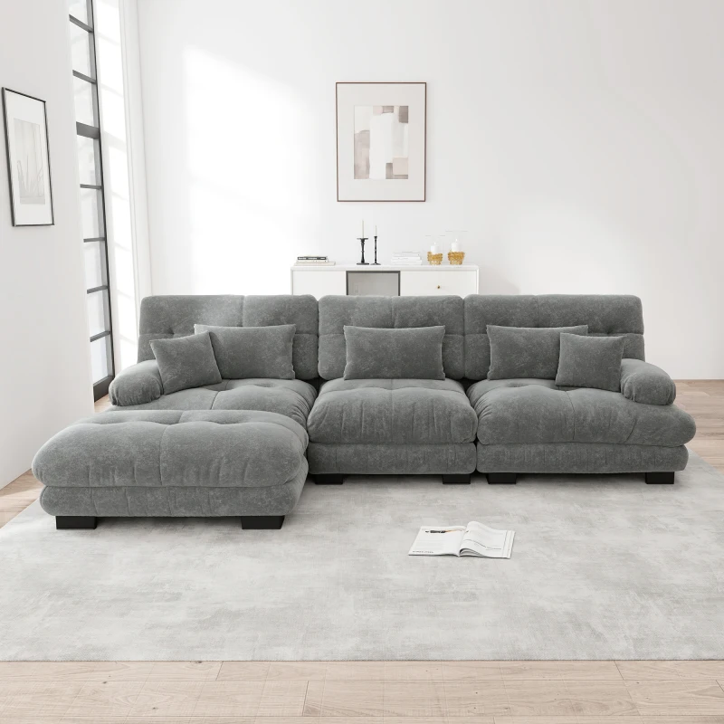Canapé d'angle modulaire en forme de L, luxueux et surdimensionné, gris, 313x145x81 cm, en tissu chenille côtelé, design de siège profond avec ottoman assorti, canapé-lit modulable pour salon