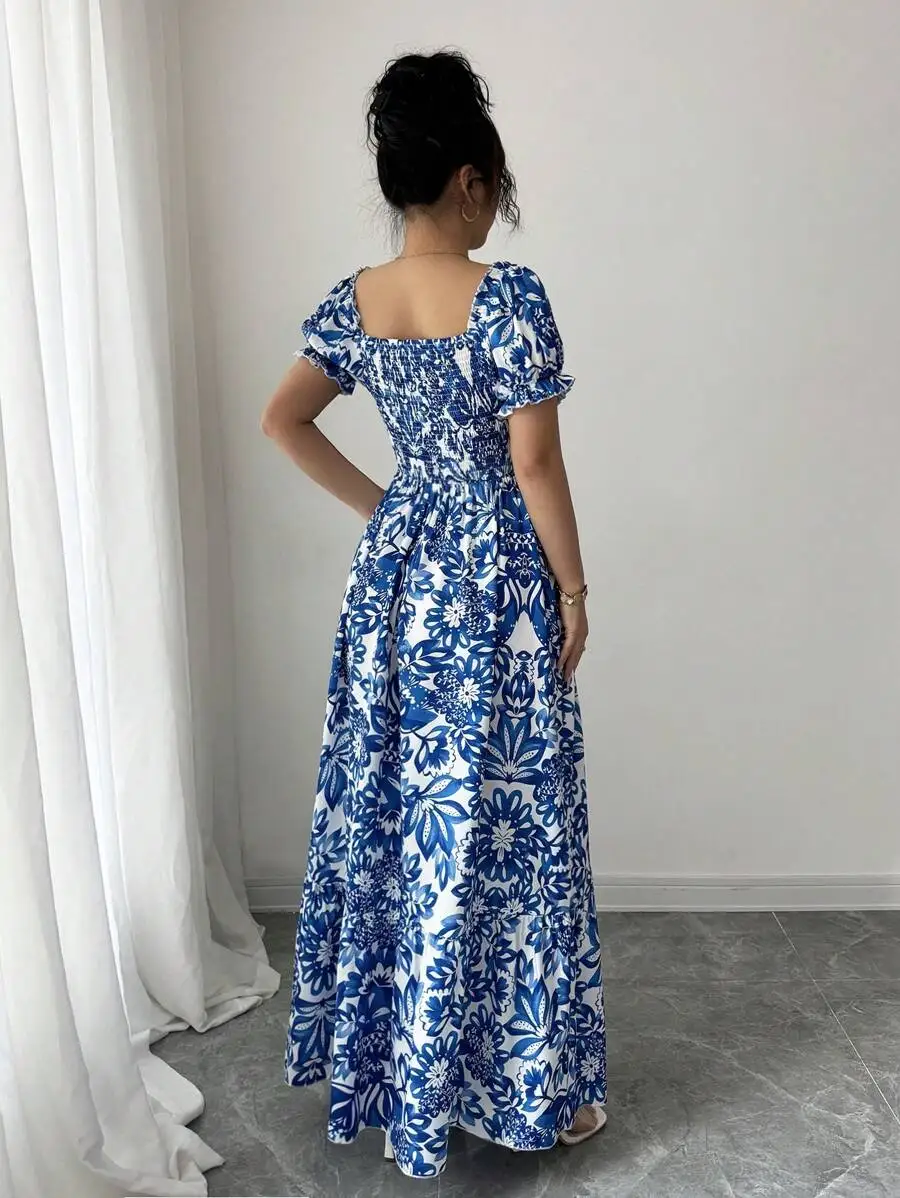 Elegant Blue Floral Print Dress for Women with Bubble Sleeves Long Casual Vacation Front Tie Back Gathered Waist view 2