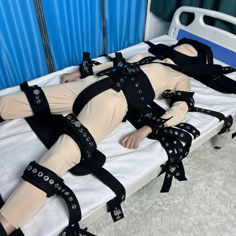 السحابات المغناطيسية قيود الجسم بالكامل تحديد حزام المستشفى الطبي السرير الأشرطة عيادة أطراف منع الحركة المريض النفسي