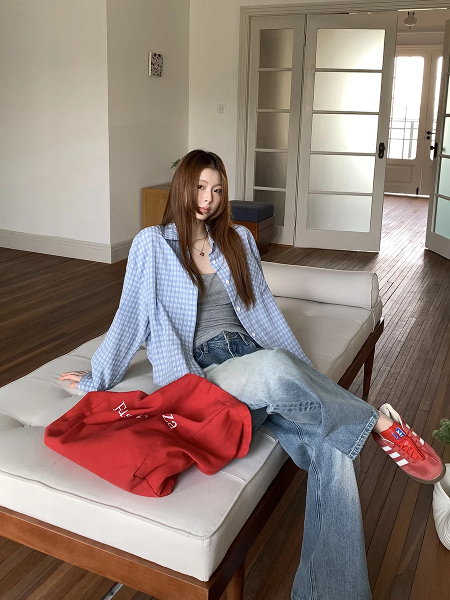 

Уникальная синяя длинная све irt для женщин, красивая клетчатая весенне-осенняя верхняя одежда прямого кроя для поездок на работу, хлопок и полиэстер B...