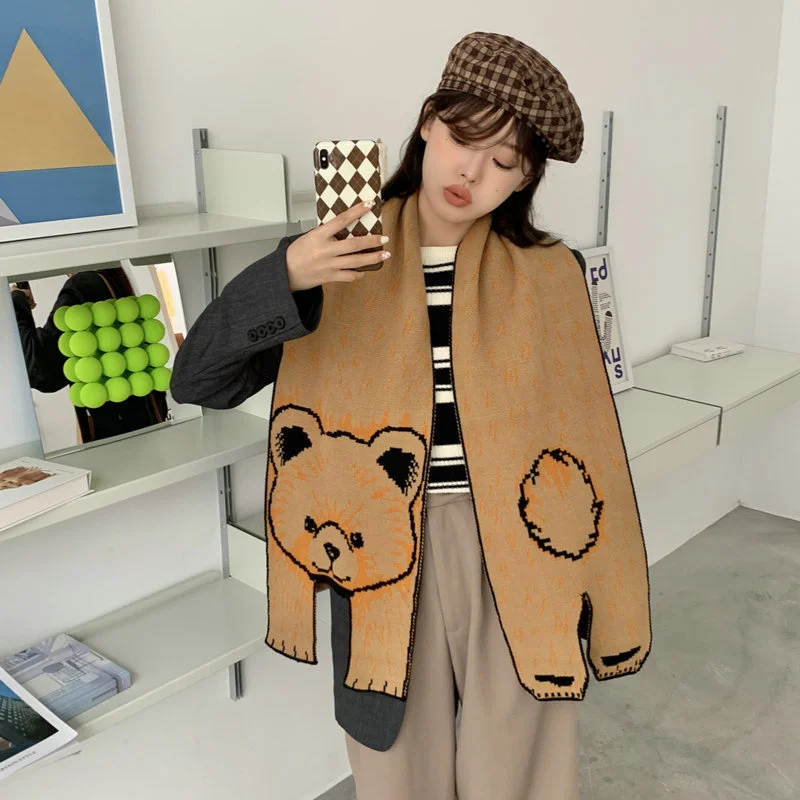 2022 Korean fashion Wool Knitted Scarf cute cat Scarf  Pashmina Shawl Women\'s Winter Scarf warm Foulard Shawl for Female