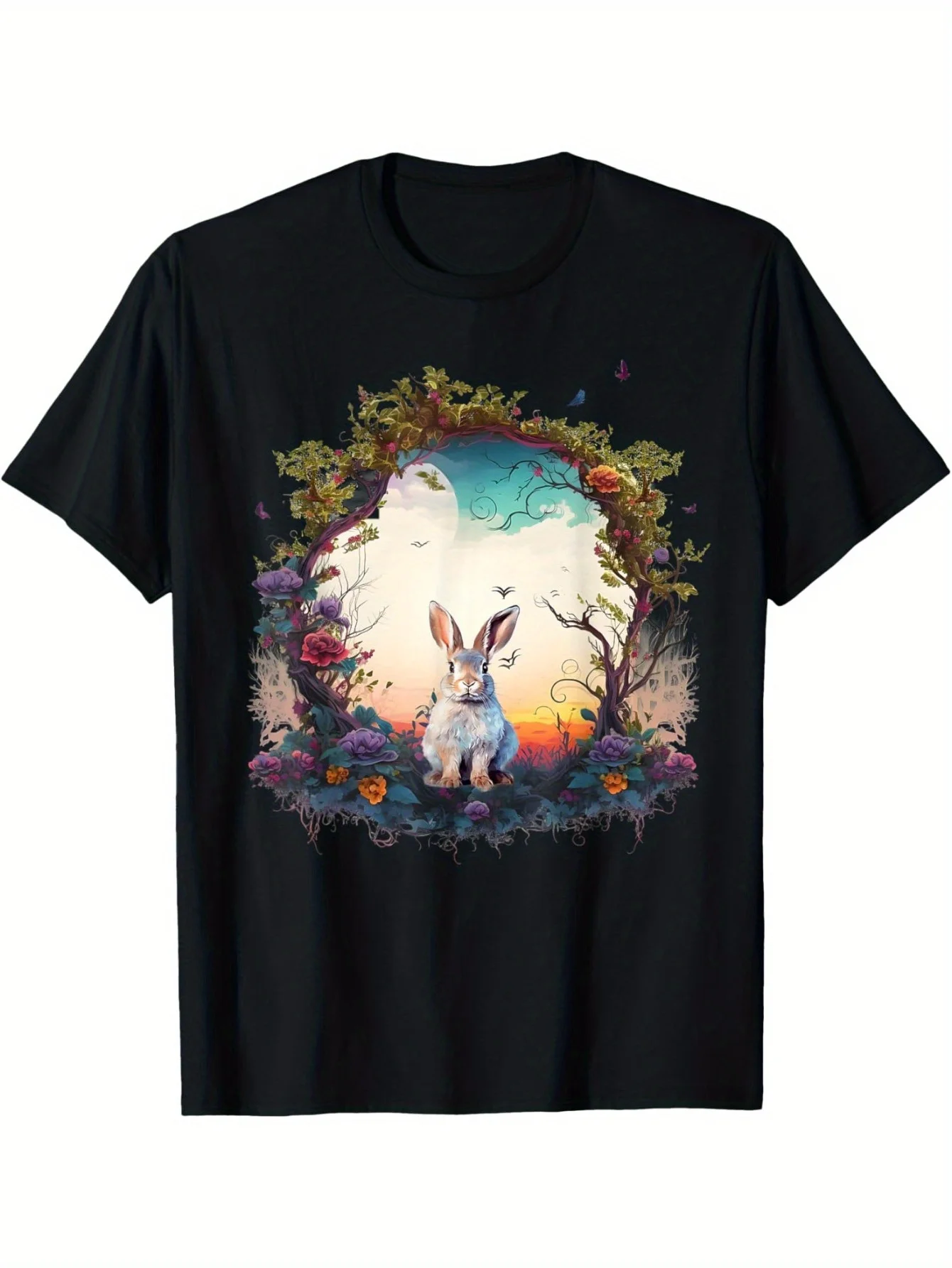 مائية لطيف أرنب الأزهار قوس الطبيعة الجرافيك المحملة الرجال عادية جولة الرقبة لينة القطن تي شيرت ارتداء اليومي