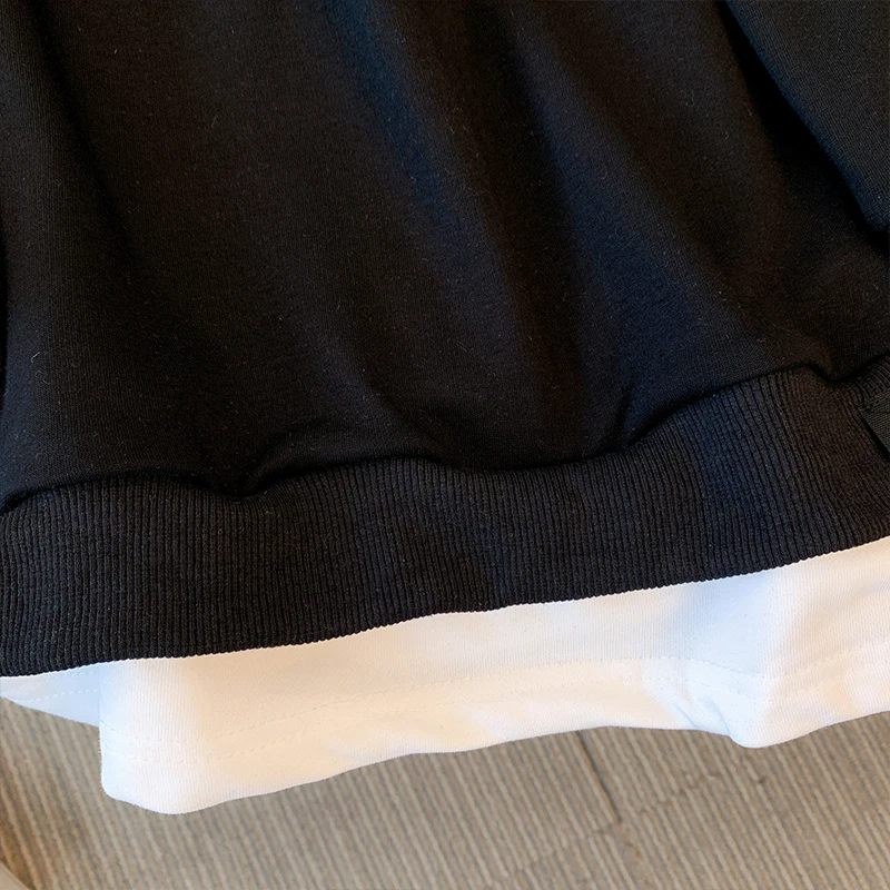 Plus-size women's spring casual terylene cotton hoodie fake two personalized design zipper double-layer sleeve commuter top