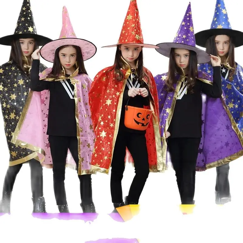 

Kids Halloween Witch Cosplay Costumes Cloak Hat Party Prom Performs Dressing Up Children Witch Robe Outfits Carnival Suit