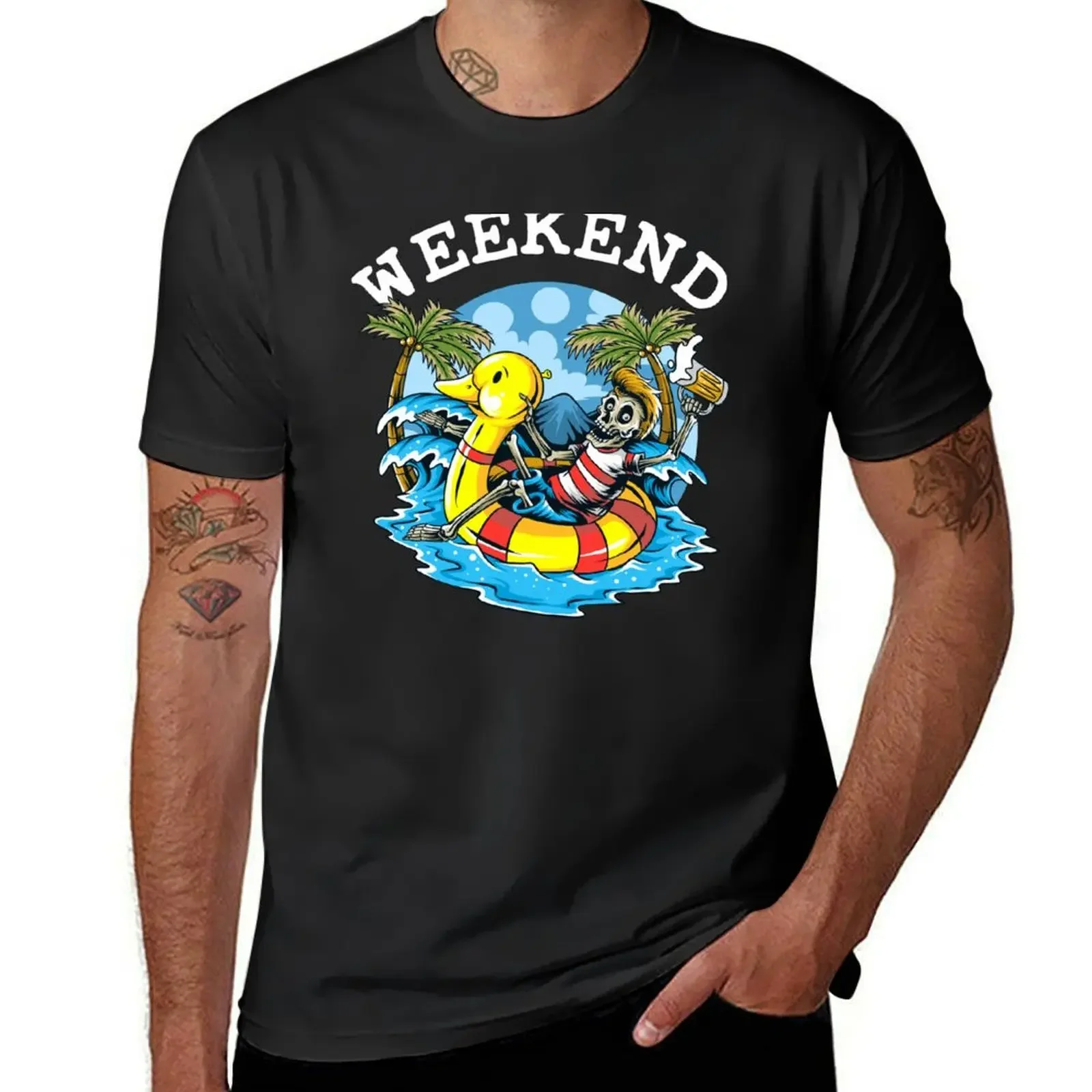 Summer weekend Skeleton on a swim ring under palm trees T-Shirt plain plus sizes sublime tops black t-shirts for men