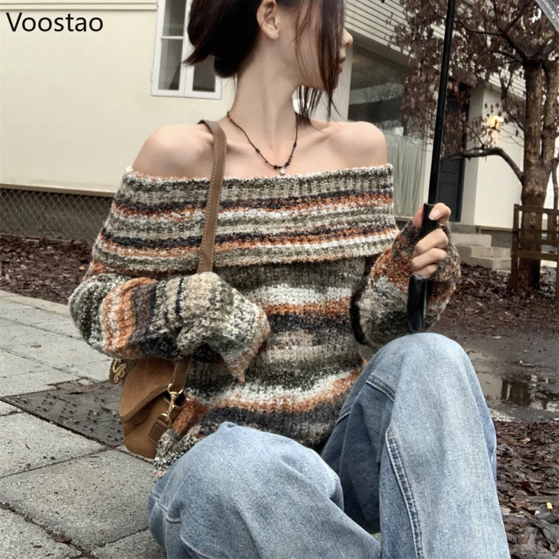 Y2k Aesthetic Off Shoulder Knitted Pullover Women Vintage Chic Striped Slash Neck Slim Sweater Sexy Elegant Lady Jumpers Tops