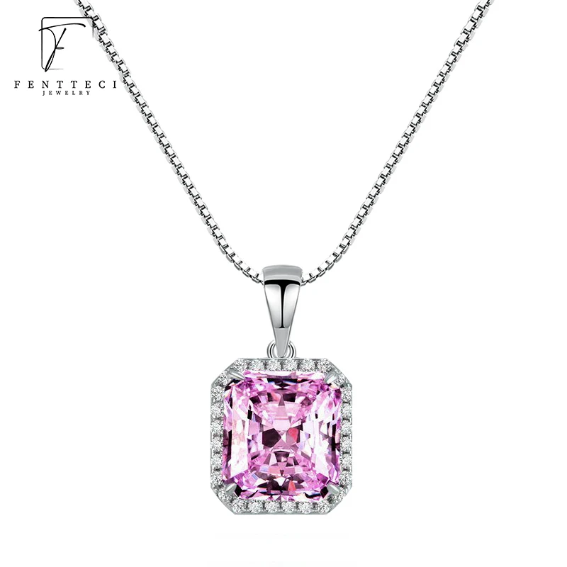 

S925 Sterling Silver 18k Gold Plated Pink Diamond Necklace Women Luxury Set Princess Square Fancy Color 5A Zircon Pendant Women