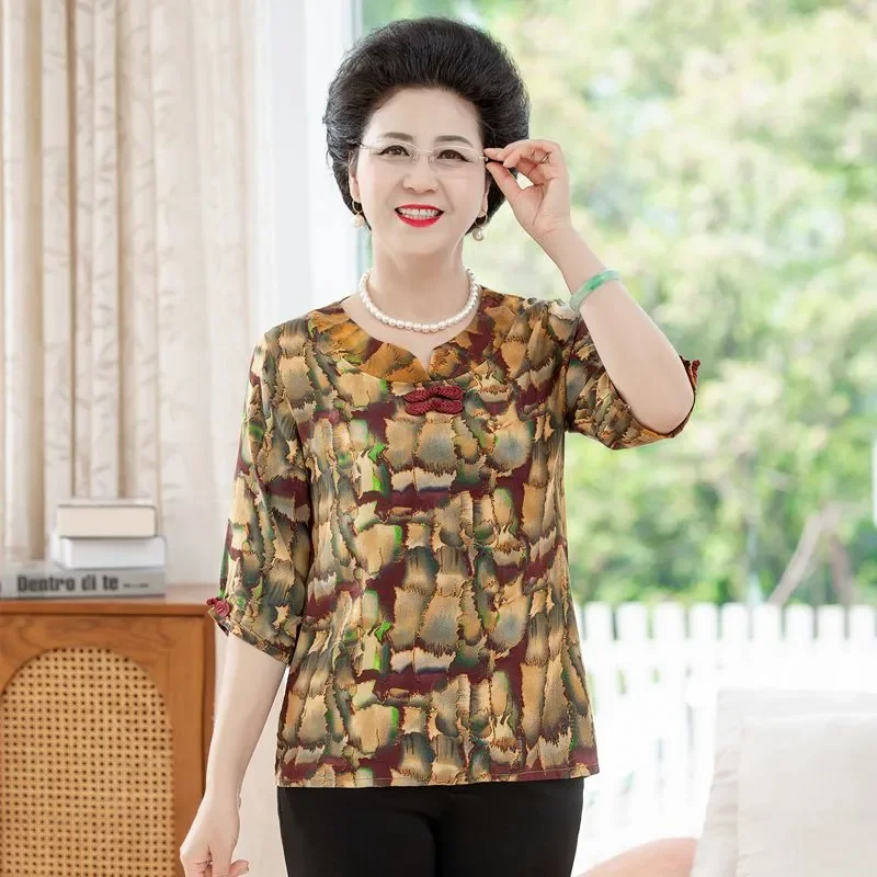 Elderly Women Chinese Frog Button Floral Print Three Quarter Sleeve Loose Casual Blouse