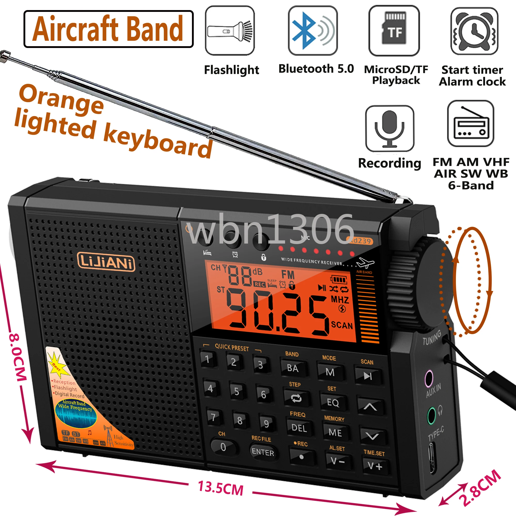 RD239 Aviation Band Radio AIR/VHF/FM/SW/AM Transistor Bluetooth/TF