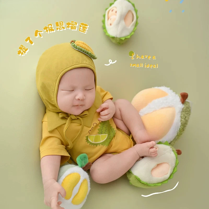 Newborn Photography Props Durian Theme Set Summer Cure Fruit Outfit Set Backdrop with 4pcs Durian for Baby Studio Photoshoot