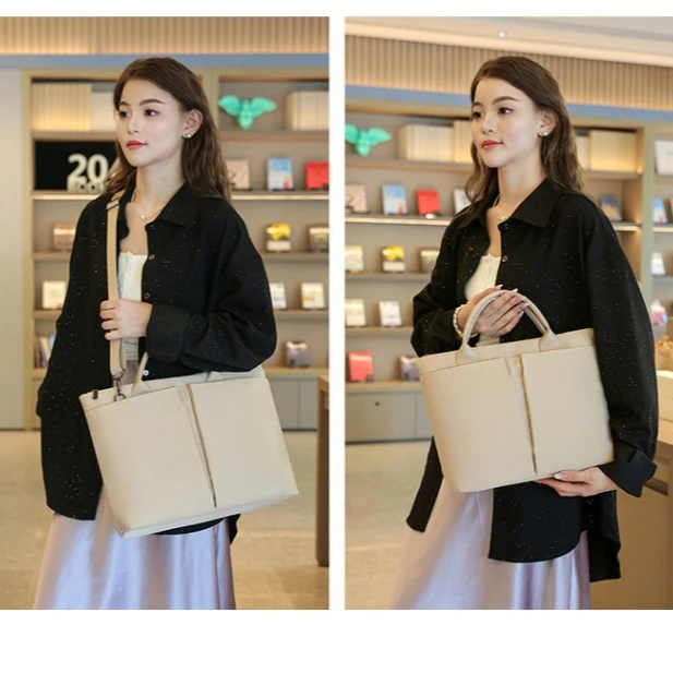 Solid-color handbag for women, 15-inch pen, computer bag, Oxford fabric waterproof single-shoulder briefcase, document bag