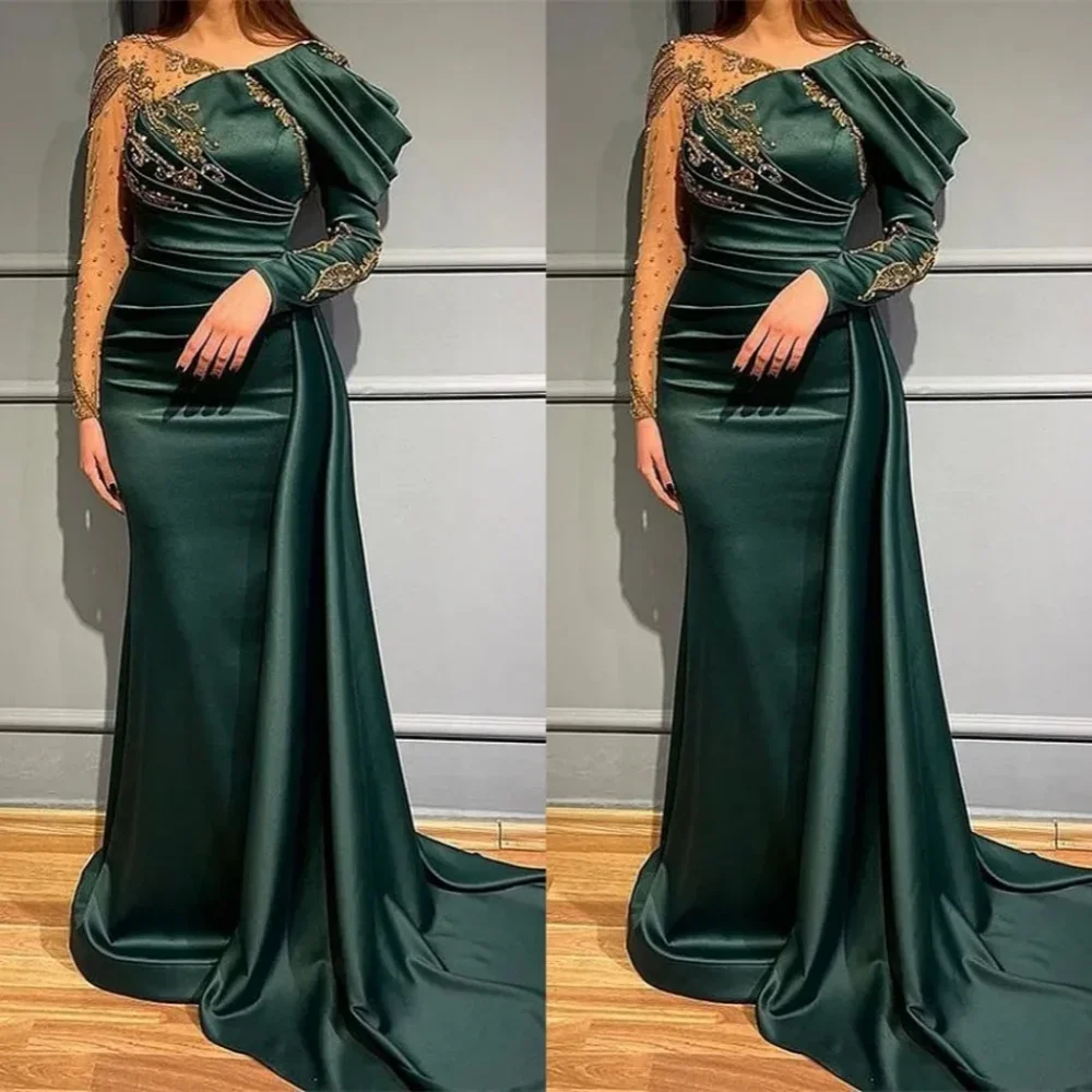 Emerald Green Mermaid Dress Plus Size Crystal Beads Long Sleeve V Neck Satin Formal Party Dress Engagement Evening Dress