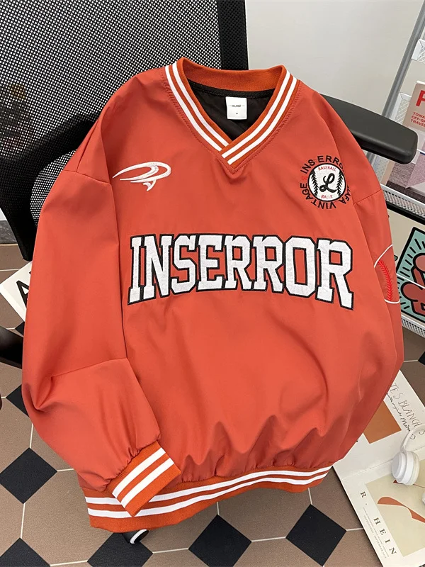 

Мужская бейсбольная куртка в американском ретро-стиле с V-образным вырезом и буквенным принтом, свободного кроя, весенне-осенняя повседневная верхняя одежда, модная брендовая толстовка-худи