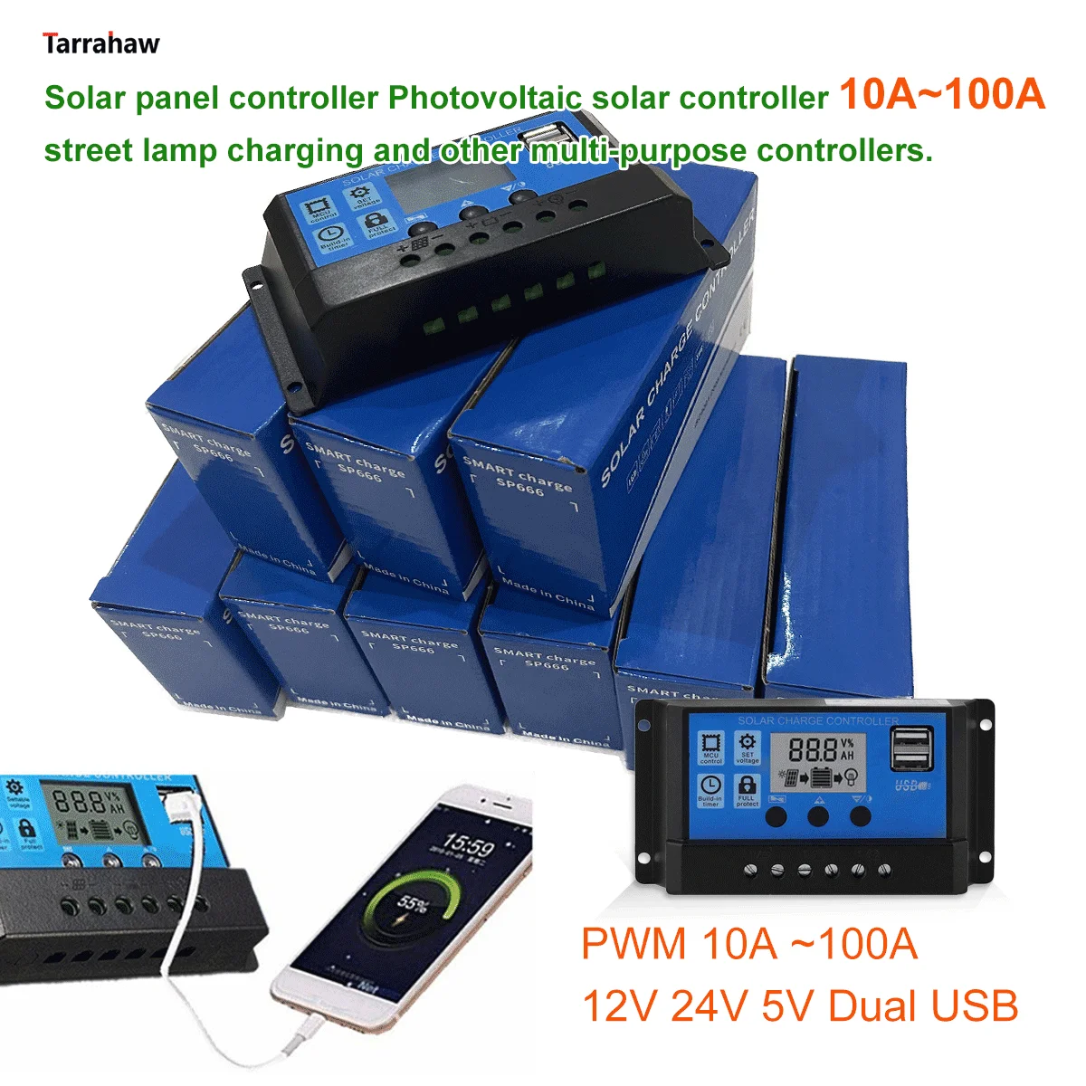 

PWM Solar Panel Controller Battery Charge/Discharge Controller 12V/24V 10A~100A Photovoltaic Street Lamp Control System