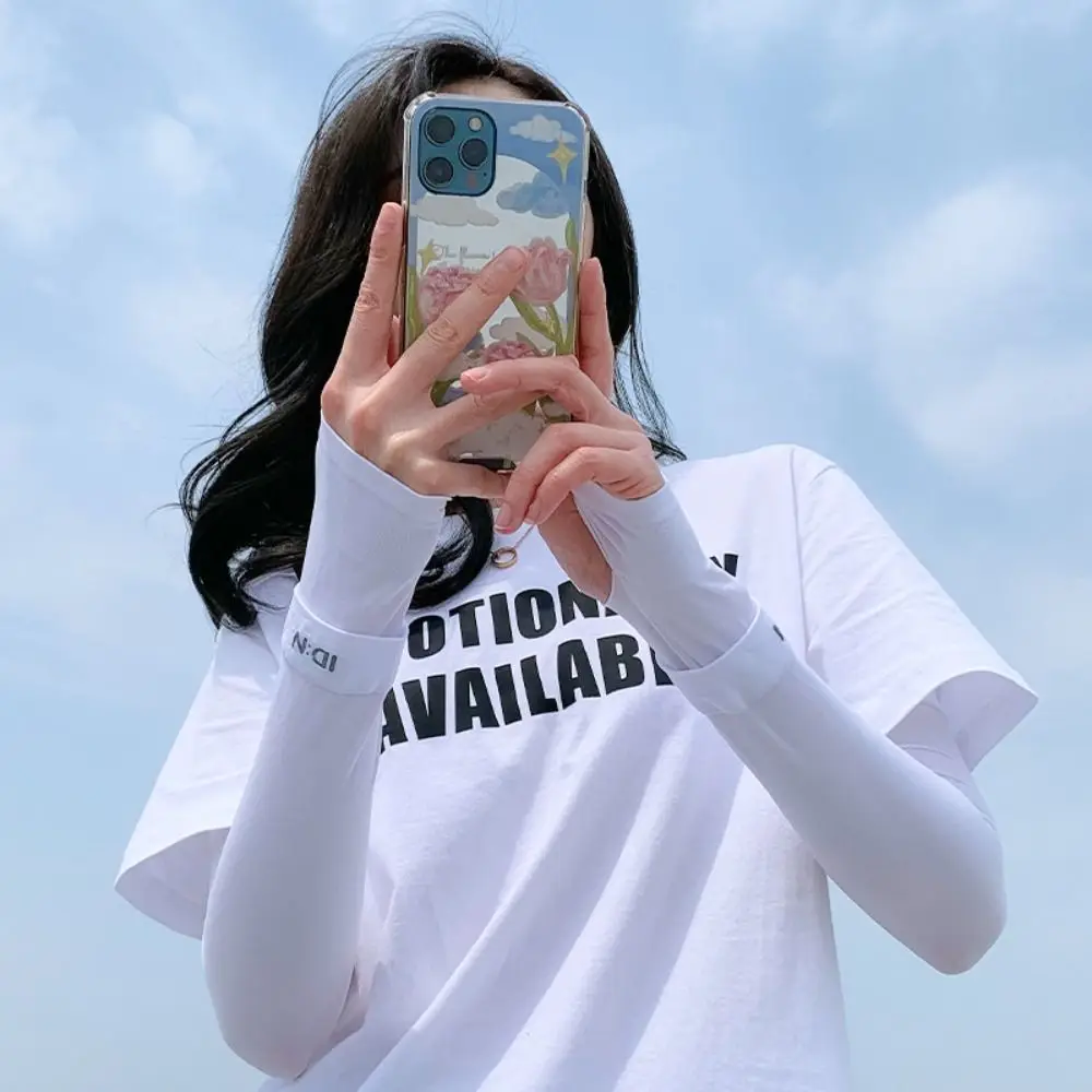 Letter Ice Silk Sleeves Long Anti-UV Solid Color Sun Protection Cover Driving Gloves Long-sleeved Glove Sunscreen Sleeve Girls