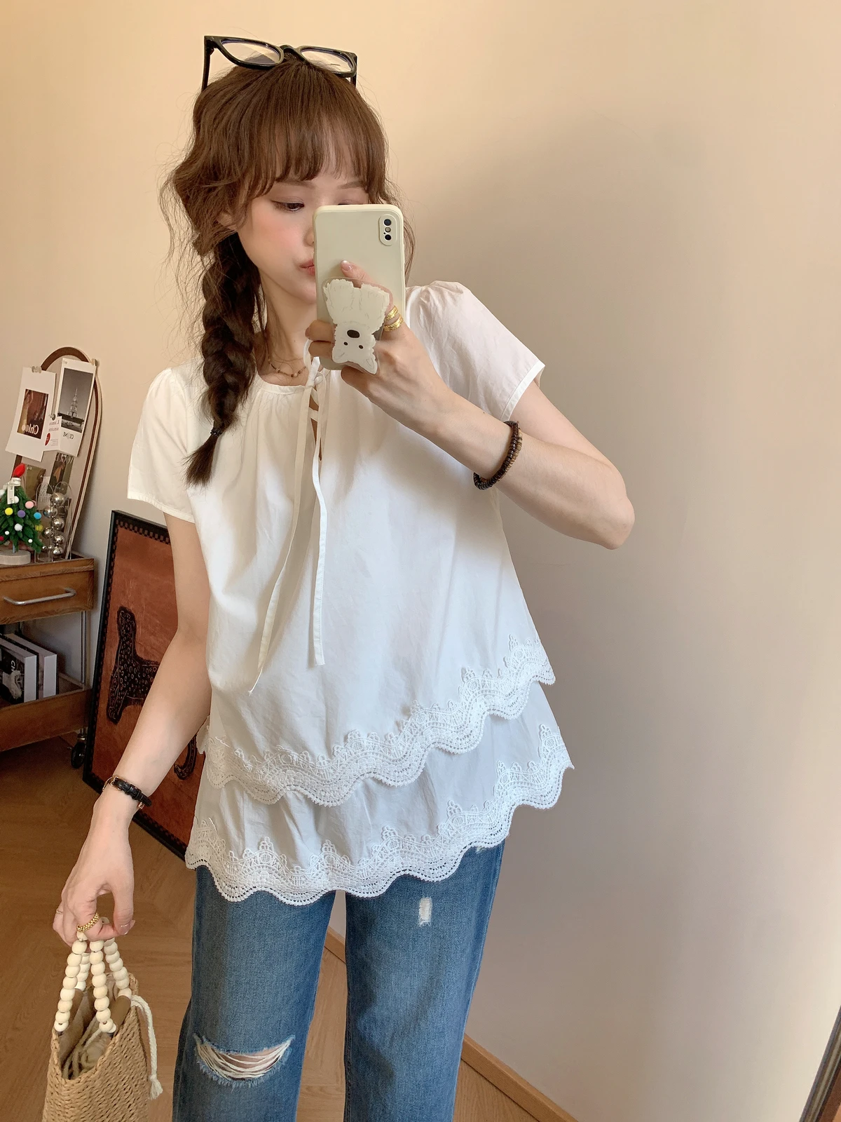 

Sweet Sle Bubble Sve irt Women's Summer Lace Loose Doll Top White ort Sve T-irt Fem Faion Design Knot irt