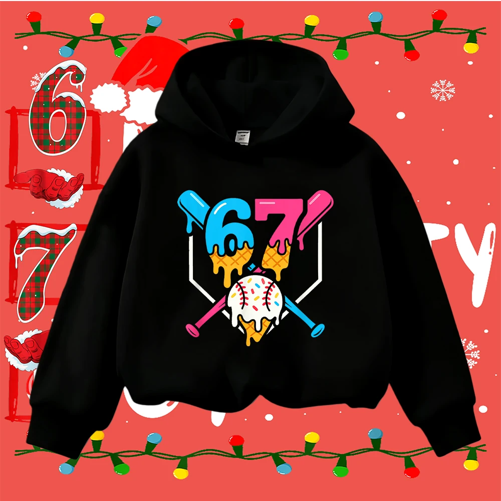 Felpa natalizia per bambini 67 Gelato Mazza da baseball Stampa Bambino Ragazzi Ragazze Inverno Casual Pullover a maniche lunghe Top
