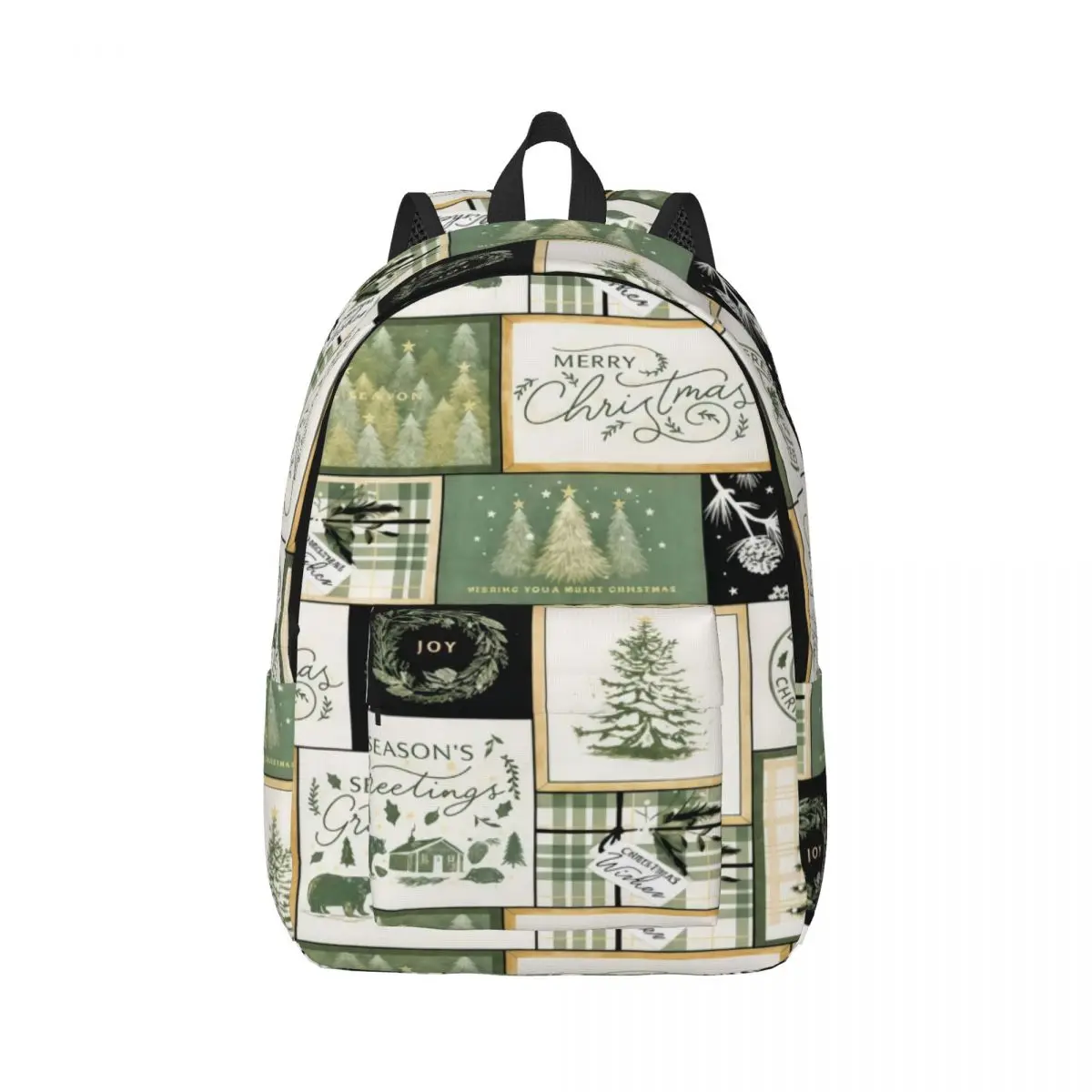 Gothic School Backpack Grid Christmas Cards Tiles Rustic Green Christmas Sage Green Cream Black Streetwear Bookbag for Teens Men