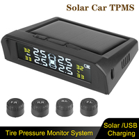 + 4 External Sensors Intelligent Temperature Warning Car TPMS LCD Display USB Solar Powered Wireless Tire Pressure System