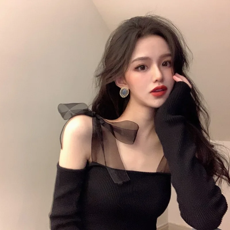 2023 New Autumn Sexy Off Shoulder Sweaters For Women Vintage Mesh Lacing Bow Slim Korean Fashion Crop Sweater Top