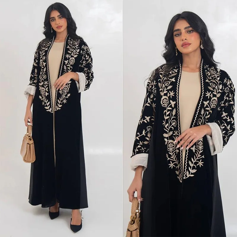 

Ближневосточная бархатная абайя с вышивкой, мусульманское платье с длинными рукавами, открытая спереди, элегантные кафтаны, женские арабские исламские платья макси