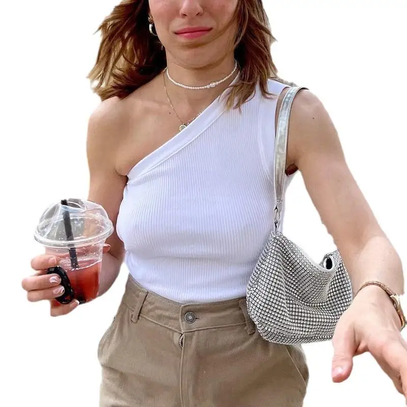 เสื้อครอปเอวสูงสำหรับผู้หญิงช่วงฤดูร้อน สไตล์เซ็กซี่ โชว์เอว สายเดี่ยว แฟชั่นผู้หญิง เซ็กซี่ ผ้าโพลีเอสเตอร์