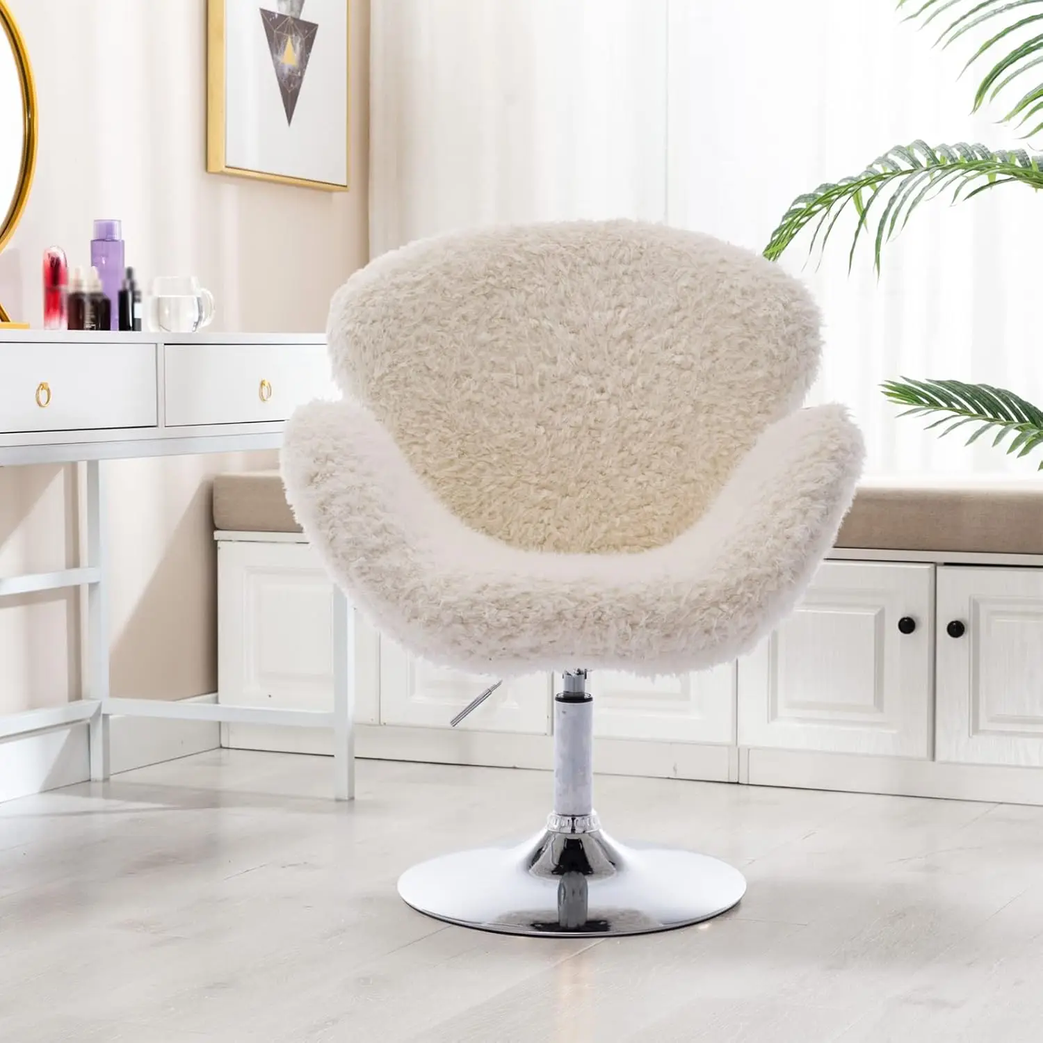 Stylish Curly Fur White Vanity Chair Height Adjustable Swivel Makeup seat Chrome Base-Reception Hall Dressing Room Furniture