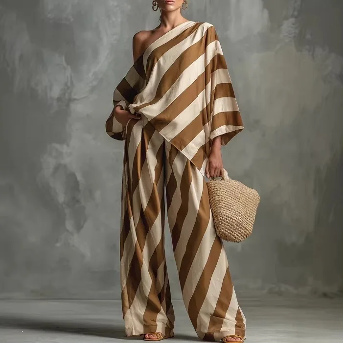 

SuperAen 2026 Spring New Vintage Striped Printed Skew Collar Pullover Top for Women High Street Wide-leg Pants Two-piece Sets