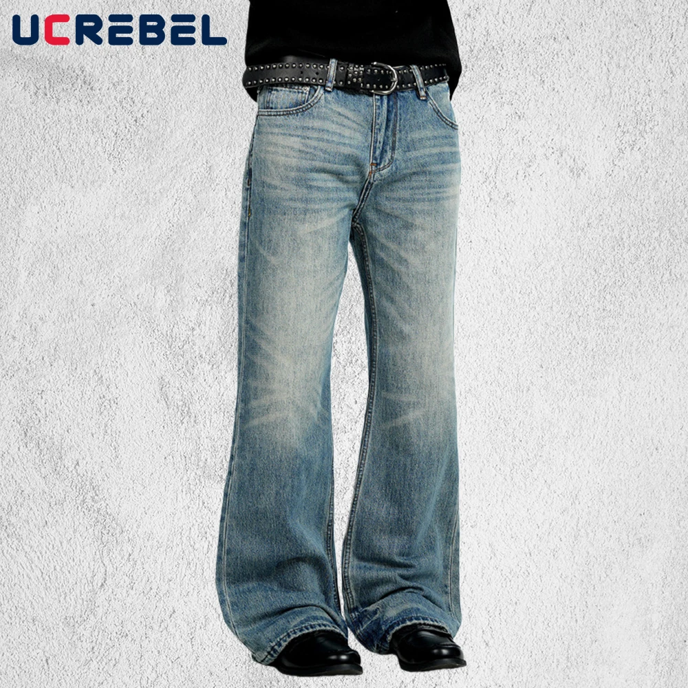 

Рваные джинсы Bootcut, мужские ретро уличные карманные потертые мешковатые джинсовые брюки, мужские