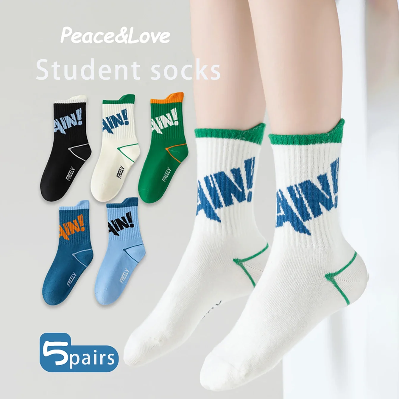 5 Pairs of Fashionable and Versatile Letter Patterned Trendy Socks for Children, Soft and Comfortable Medium Length Socks, Stude