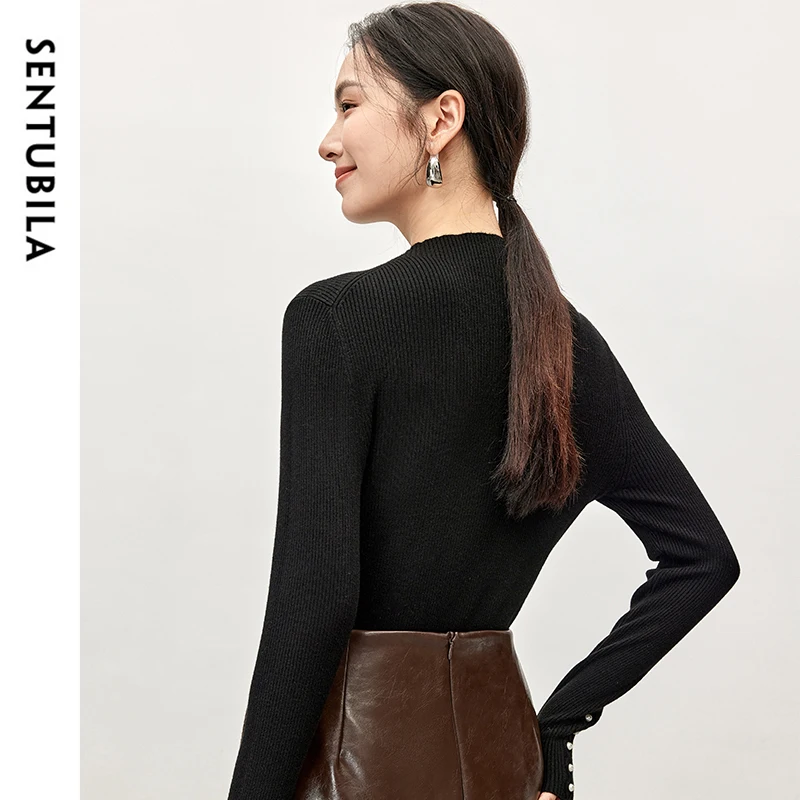 SNTUBILA Slim Fit Dzianinowe Wełniane Pulowery Dla Kobiet 2024 Jesień Mock Neck Długi Rękaw Pearl Cup Solid Basic Women Tops W43E57250