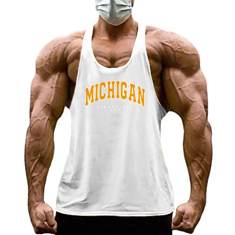 Michigan Midwestern USA Print Sport Tank Tops Mens Fitness Y-Back Cotton Sleeveless Shirt Gym Bodybuilding Muscle Stringer