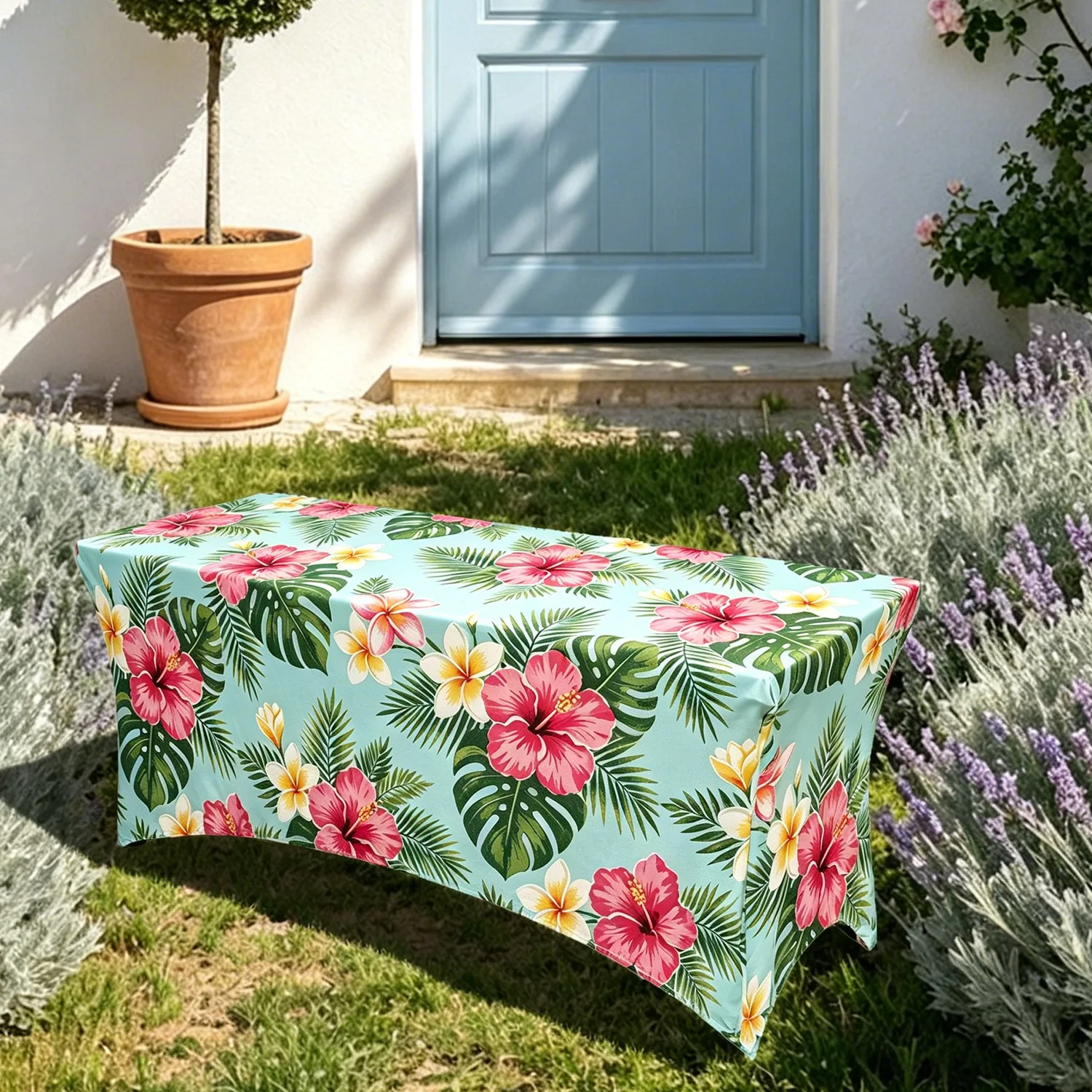 1 Piece of Party Tablecloth Decoration Hawaiian Style Blue Printed Elastic Tablecloth with Blue Green Leaf Pattern for Summer Hawaiian Beach Pool Carnival Decorations