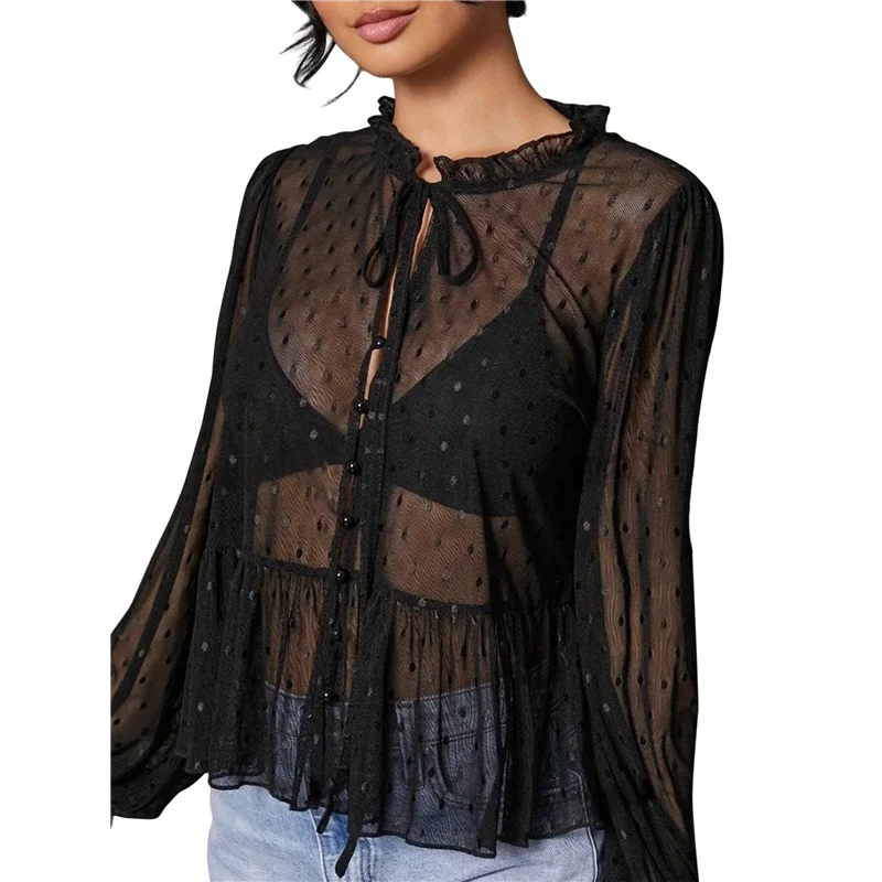 

A83F-Women's See Through Mesh Polka Dots Bow- Front Ruffle Peplum Long Sleeve Blouse