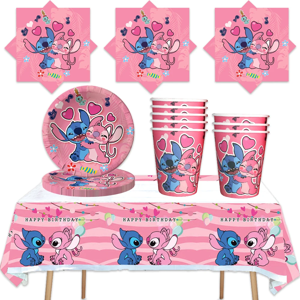 61pcs/lot Disney Loli Stitch Theme Kids Girls Favors Cups Plates Stitch Birthday Party Napkins Decoration Tablecloth Supplies