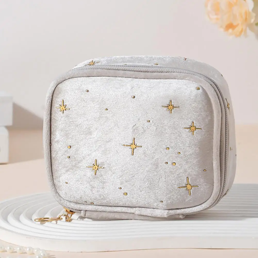 Portable Toiletry Bag Velvet Small Cosmetic Case Travel Makeup Bag Star Pattern Zippered Pouch Lipstick Organizer Napkin Storage